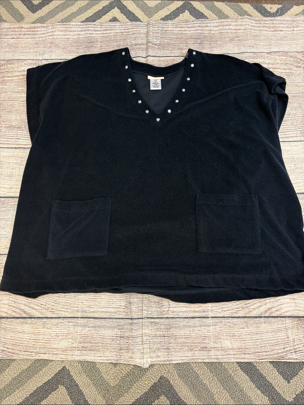 Michael Kors, French Terry Black V-Neck Studded Pocket swim cover-up